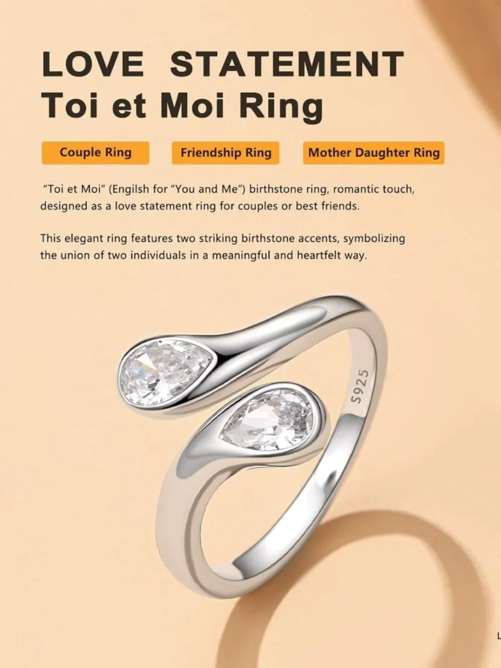 Dainty Silver Birthstone Ring for Women | Adjustable Teardrop Open Band Promise